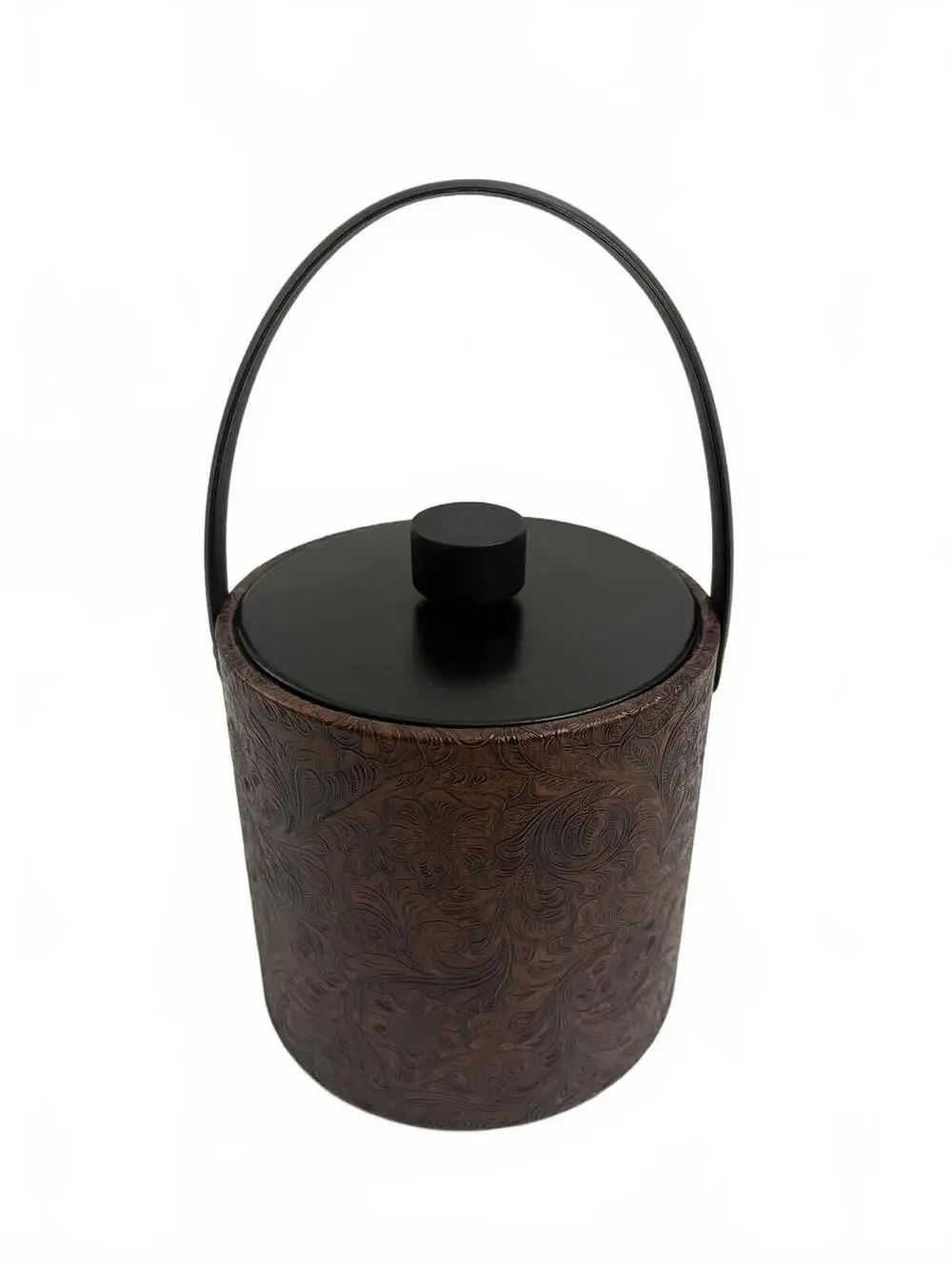 Irvinware | MCM Vintage Ice Bucket Brown Black Faux Leather Floral Embossed Lid